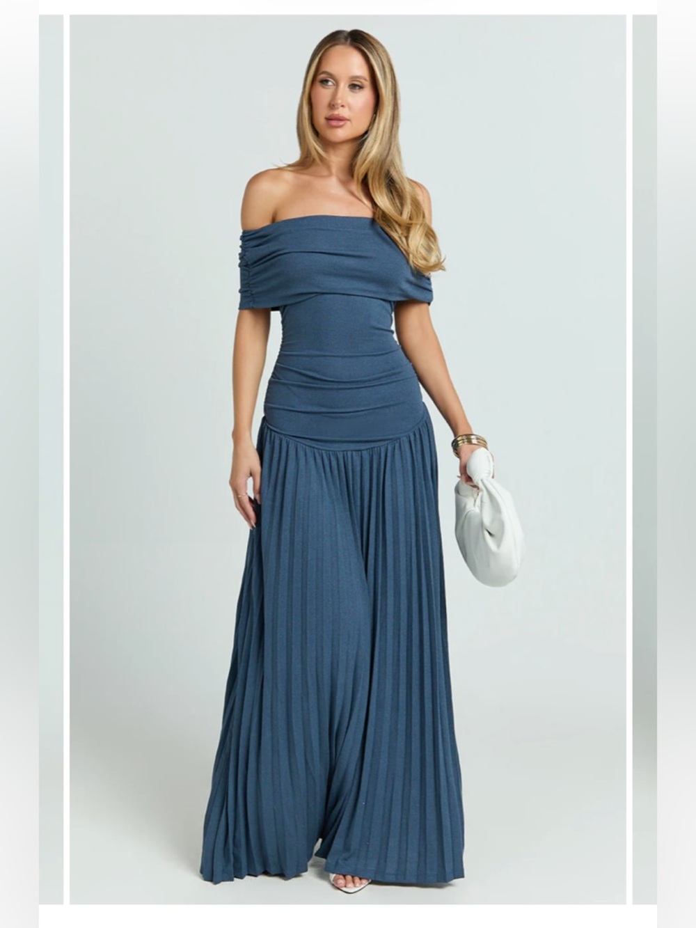 Lioness Field of Dreams Off-Shoulder Pleated Maxi Dress in Dusty Blue NWT